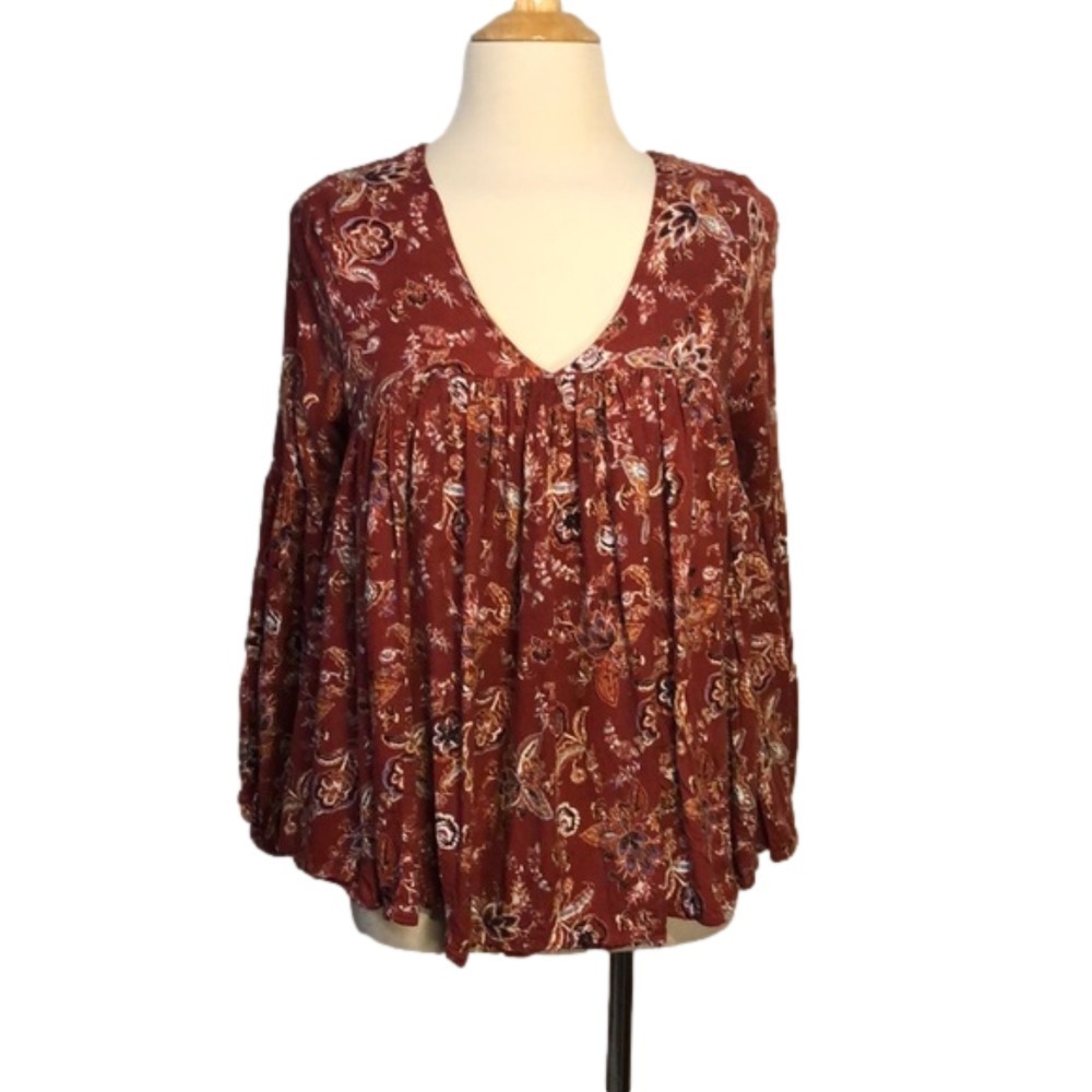 ALTAR'D STATE Small Rayon Maroon Floral‎ Boho V-Neck Long Sleeve Crop Top